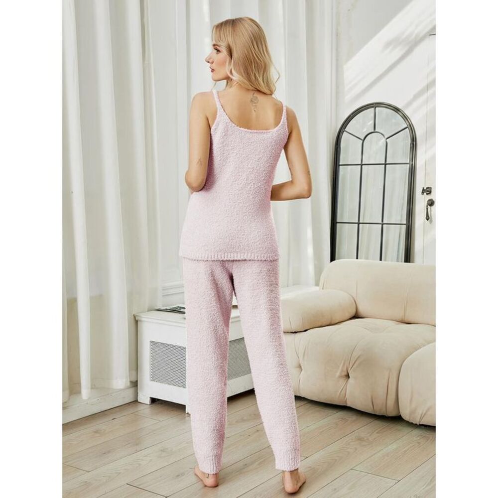 Everyday the Label Fuzzy V-Neck Cami and Pants Lounge Set Women Blush Pink Sets - Picture 2 of 3